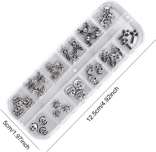 Miniatura 6 de 36 dijes de uñas de Halloween, 12 estilos, plata, forma de calavera, aleación, metal plateado antiguo, decoración de uñas