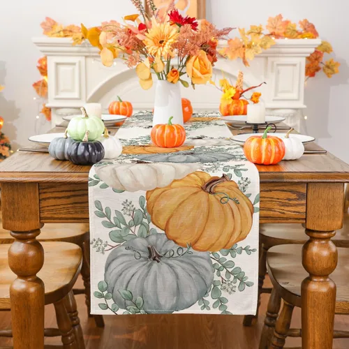 Miniatura 2 de Camino de mesa de otoño, eucalipto y calabaza, camino de mesa para otoño, Acción de Gracias, decoración de fiesta en el hogar, decoración de mesa