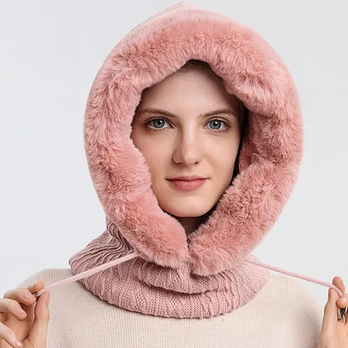 Miniatura 2 de Gorro de vellón para mujer de una pieza con capucha pasamontañas cálido invierno resistente al viento con cordón
