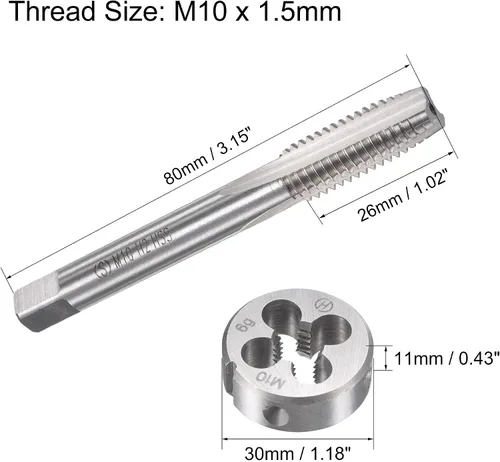 Miniatura 2 de uxcell M10 x 0.059 in Juego de llaves métricas y troqueles, rosca de máquina con troquel de roscado redondo, kit de grifo y troquelado