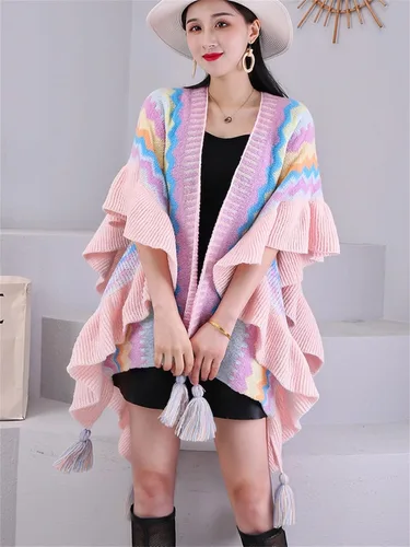 Miniatura 3 de SXLINGDO Poncho cruzado frontal tipo suéter de punto elegante capa de chales, cárdigan bohemio con borla para mujer