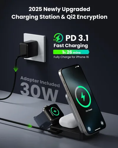 Miniatura 3 de Cargador Inalámbrico 3 en 1 Estación de Carga para iPhone, Soporte de Carga Magnético de 15W Certificado Qi2 para Mag-Safe con Adaptador USB C