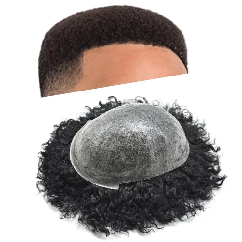 Miniatura 9 de Afro Toupee para hombres africanos americanos, postizo completo de poli tupé para hombres negros, sistema de cabello rizado de repuesto para hombres