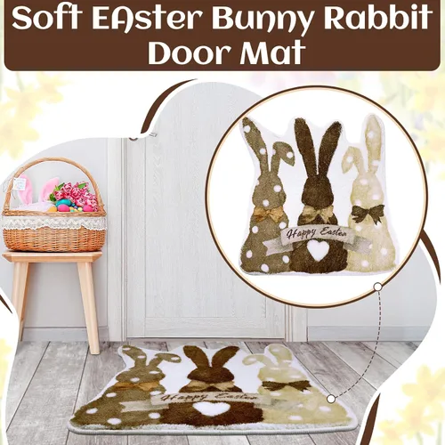 Miniatura 4 de Drydiet Alfombra de baño de conejo de Pascua, alfombra de baño retro de conejo, antideslizante, lavable, alfombra decorativa de bienvenida blanca