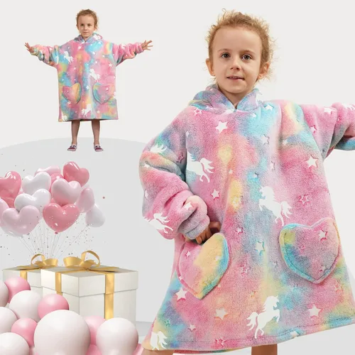Miniatura 6 de Manta con capucha vestible para niños, manta Sherpa de gran tamaño con capucha para niños, niñas y bebés de 2 a 6 años, unicornios arcoíris
