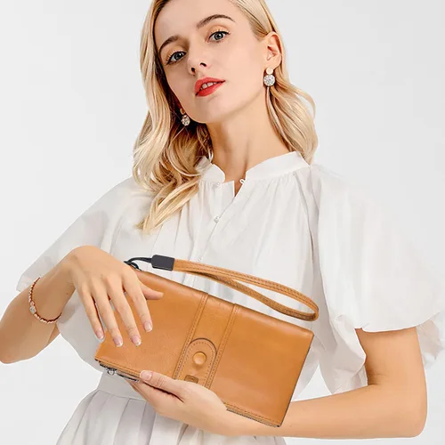 Miniatura 6 de Roulens Cartera para mujer de gran capacidad de cuero genuino plegable con bloqueo RFID tarjetero con bolsillo con cremallera