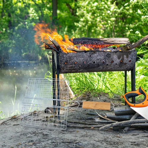 Miniatura 6 de Happyyami Barbacoa de acero inoxidable cesta de pescado de 14.96 x 8.66 pulgadas, abrazadera de red portátil al aire libre para acampar fiesta