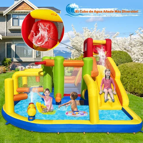 Miniatura 4 de Umbalir Casa inflable de rebote de obstáculos, parque acuático para niños con toboganes de agua, cubo de descarga sorpresa, obstáculos, salto