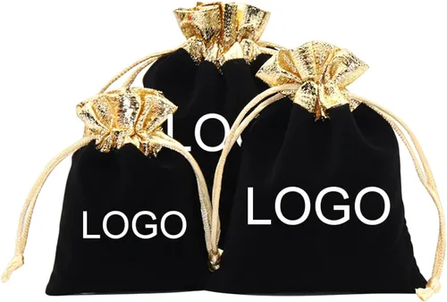 TopTie 50 bolsas de regalo de terciopelo personalizadas con logotipo, bolsa de joyería con adornos dorados con cordones para recuerdos de fiesta,