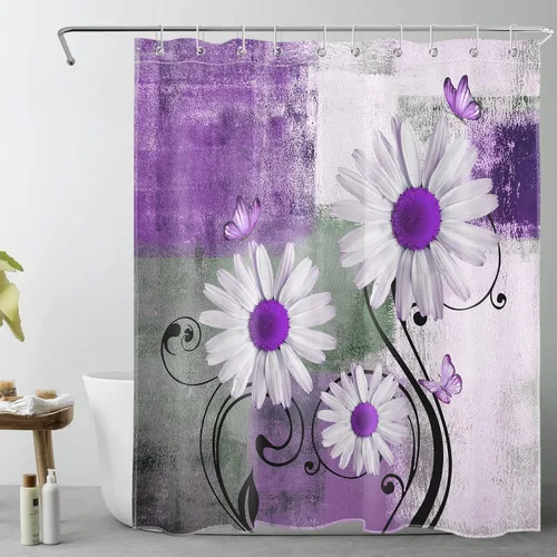 Miniatura 22 de Cortina de ducha floral con margaritas azules, flores blancas y mariposas en tela moderna abstracta geométrica gris para baño, 10 ganchos, 48 x 72