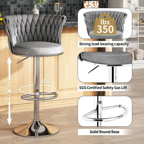 Miniatura 7 de Lamerge Juego de 2 taburetes de bar de terciopelo, sillas de bar giratorias modernas, taburetes de bar de cocina, taburetes de bar ajustables, Gris