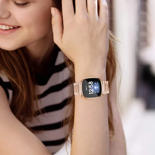 Miniatura 7 de Maxjoy Compatible con Fitbit Sense/Versa 3 bandas, Versa3 correa de metal grande de acero inoxidable con funda protectora para hombres y mujeres
