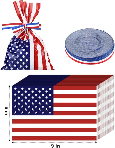 Miniatura 2 de Tenare 100 bolsas patrióticas de celofán de regalo a granel, de plástico, rojo, blanco, azul, bandera estadounidense, bolsas de celofán, bolsas de 4