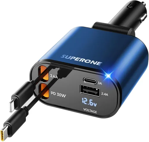 Miniatura 14 de SUPERONE - Cargador retráctil para automóvil 4 en 1, cargador de teléfono rápido para automóvil con cable de 2.6 pies, USB C y adaptador