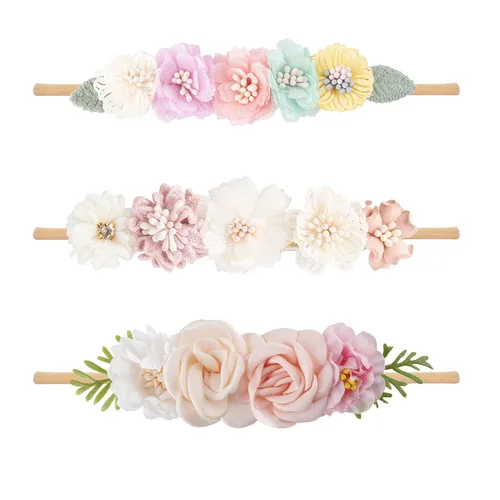 Miniatura 8 de Diademas de flores de nailon para bebé niña, con moños de flores, accesorios elásticos para el cabello, corona, envolturas florales hechas a mano