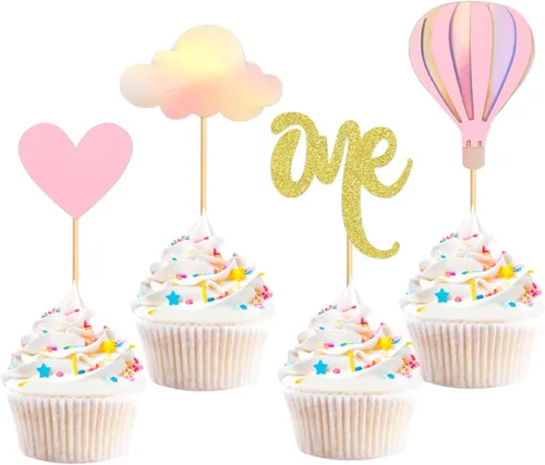 Miniatura 12 de Ercadio Paquete de 24 globos aerostáticos para cupcakes, globos con purpurina rosa, un globo para magdalenas, 1ª selección de cupcakes para globos