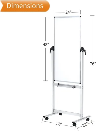 Miniatura 3 de VIZ-PRO Pizarra magnética móvil de doble cara, 48 x 24 pulgadas, orientación vertical, marco de aluminio y soporte