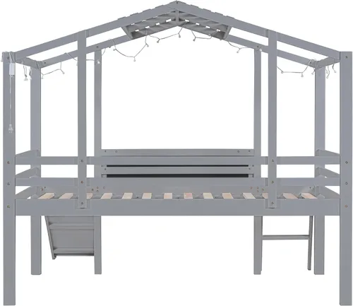 Miniatura 7 de CITYLIGHT Cama loft de madera para niños con tobogán, pizarra, tira de luz y techo, marco de cama de tamaño individual con barandillas de seguridad