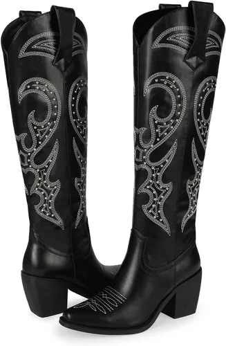 Miniatura 2 de wetkiss Botas vaqueras para mujer, hasta la rodilla, botas vaqueras para mujer, con diamantes de imitación, cómodas, a la moda, altas y brillantes