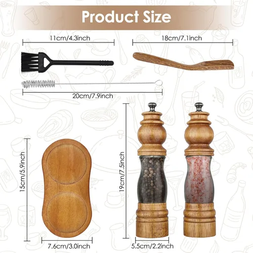 Miniatura 7 de Juego de molinillo de sal y pimienta de madera con bandeja y cuchara de madera, molinillo manual de sal y pimienta de 8 pulgadas, grosor ajustable