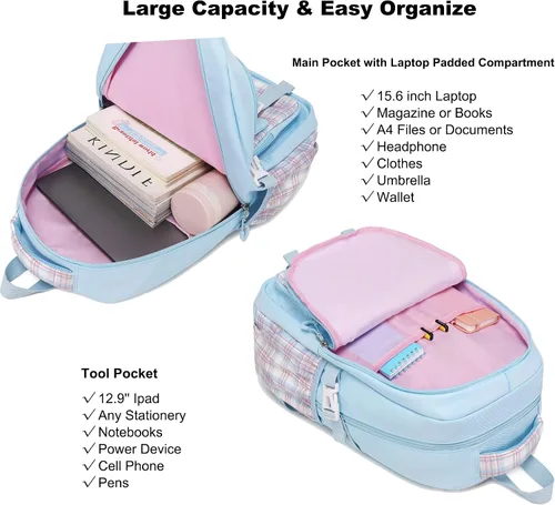 Miniatura 4 de AO ALI VICTORY Mochilas para laptop de 15.6 pulgadas, linda mochila escolar para niños, mochila universitaria, bolsas grandes para mujeres, Azul