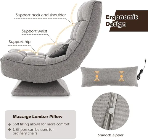 Miniatura 6 de Giantex Silla giratoria ajustable para el suelo, silla de videojuegos de 5 posiciones con base giratoria, marco de acero, almohada lumbar de masaje