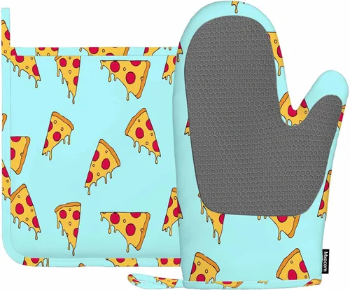 Mxocom Pizza Slice - Guantes de horno resistentes al calor y soporte para ollas de cocina, guantes antideslizantes para cocinar al horno y asar