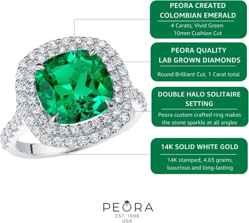 Miniatura 5 de Peora Anillo de diamantes cultivados en laboratorio de esmeralda colombiana de 5 quilates en oro blanco o amarillo de 14 quilates, talla 4 a 10