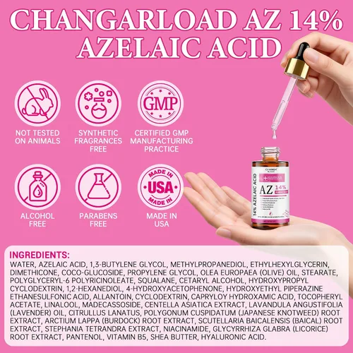 Miniatura 8 de Suero facial de ácido azelaico al 14% con niacinamida y ácido hialurónico – Ayuda a calmar el enrojecimiento, mejorar las manchas y manchas oscuras