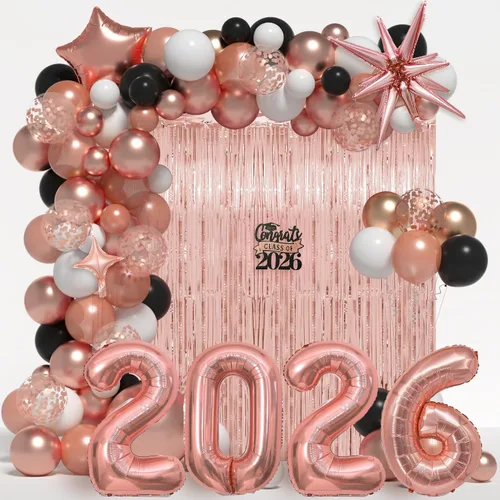 Miniatura 11 de Kit de arco de guirnalda de globos de graduación para decoraciones de graduación de clase de 2026, globos negros dorados y blancos de diferentes