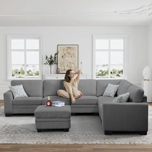 Miniatura 3 de Legend Vansen Sofá modular de gran tamaño, sofá en forma de U de 7 asientos con otomana, sofá de pana con asiento profundo, sofás seccionales Gris