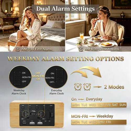Miniatura 7 de URAYCO Reloj despertador digital de madera con cargador inalámbrico rápido de 10W, puertos de carga USB, DST, atenuable, modo repetición, pantalla
