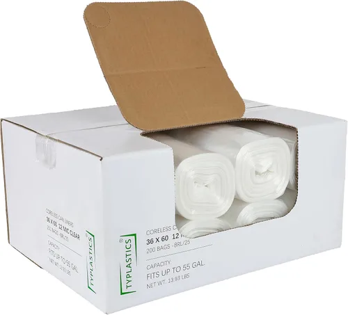 TYPLASTICS Bolsas de basura transparentes de 55 galones - 36" x 60" - Bolsas de basura de alta densidad - Caja de 200 - Multiusos para oficina,