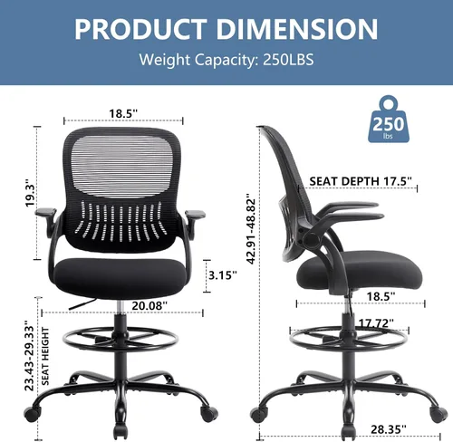 Miniatura 3 de DUMOS Silla de dibujo para escritorio de pie, altura de mostrador ajustable, brazos abatibles, ergonómicas de malla con respaldo medio, giratorias