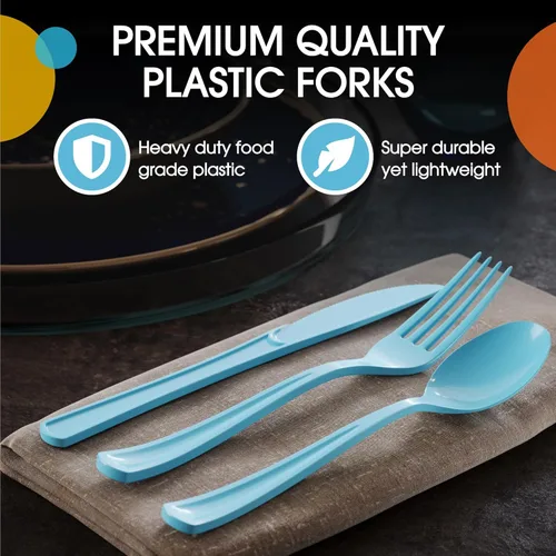 Miniatura 4 de Party Solids Cubiertos de plástico azul claro, 150 piezas, color azul claro, desechables, juegos de utensilios resistentes, 50 de cada tenedor