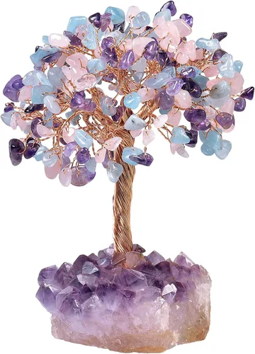 Miniatura 8 de Nupuyai Árboles de dinero de cristal natural con base de racimo de amatista, figura decorativa de piedra de cristal para decoración de escritorio