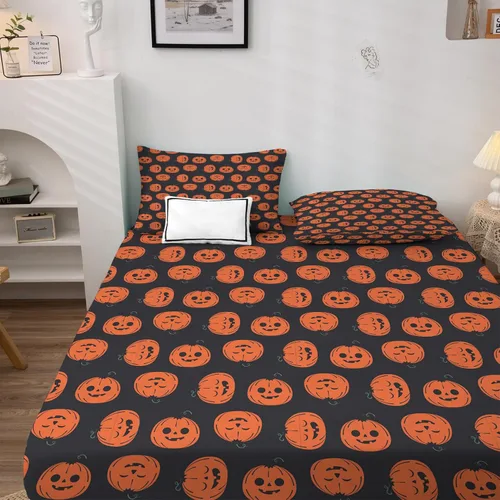 Miniatura 2 de Sábanas de Halloween tamaño individual, sábanas de calabaza para niños y niñas, sábanas con patrones y fundas de almohada, juego de 3 piezas, sábana