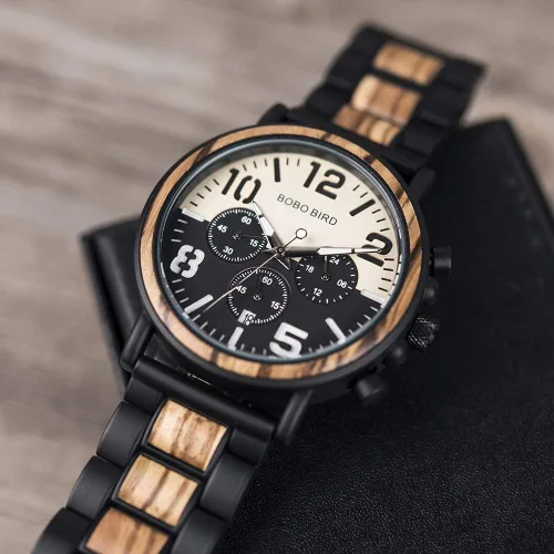 Miniatura 4 de BOBO BIRD Reloj de acero inoxidable de madera para hombre, cronógrafo, relojes de cuarzo