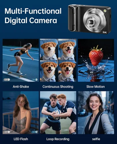 Miniatura 7 de Cámara digital 5K para fotografía con zoom óptico 6X, cámara WiFi de enfoque automático de 64 MP para YouTube con doble lente, cámaras digitales