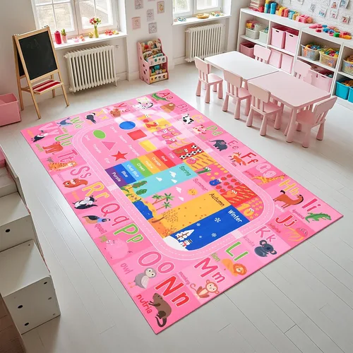 Miniatura 4 de Alfombra Rosa para Niños para Sala de Juegos y Aula, Alfombras de Juego con Alfabeto ABC y Números para Niños Pequeños, Tapete Educativo