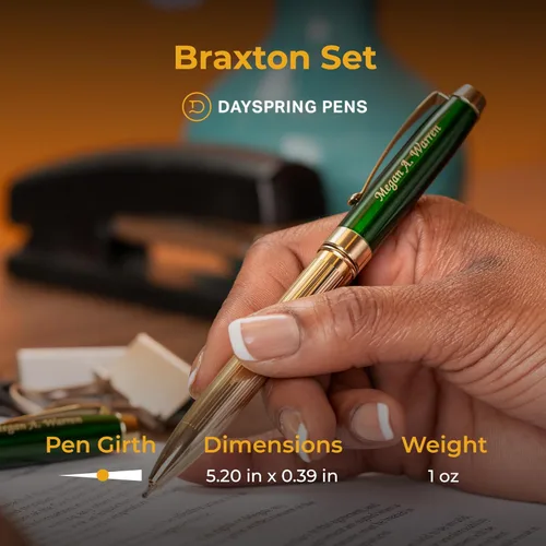 Miniatura 5 de Set de bolígrafo y pluma rodante Braxton personalizado - Acabado de laca verde con ribete dorado. Juego de regalo chapado en oro de 18 quilates