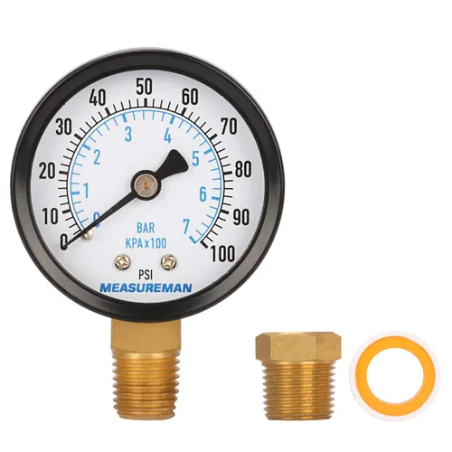 Miniatura 3 de MEASUREMAN Medidor de presión de pozo de 2 pulgadas, 0-100 psi/bar, macho NPT de 1/4 pulgadas con adaptador NPT de 1/2 pulgadas, precisión de 3-2-3%