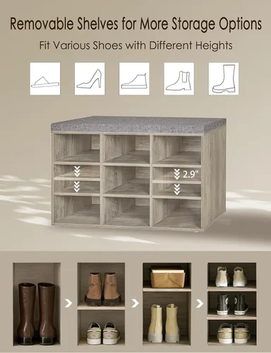 Miniatura 5 de DINZI LVJ Banco para zapatos, organizador de zapatos de 9 compartimentos para entrada, banco de almacenamiento con cojín, estante para zapatos