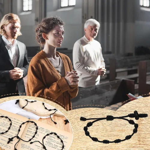 Miniatura 7 de Otuuz 24 pulseras de rosario católico negro hechas a mano con cruz de rosario para hombres y mujeres, 10 nudos con recuerdos de mano de bautizo