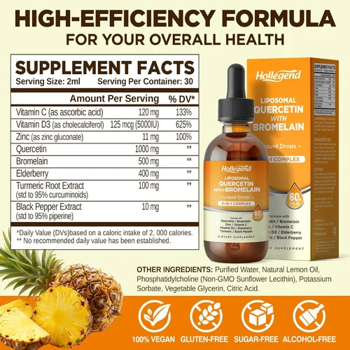 Miniatura 2 de Quercetina liposomal con gotas líquidas de bromelina, 8 en 1 quercetina orgánica 1000 mg suplementos con bromelina 500 mg, vitamina C, D3, zinc