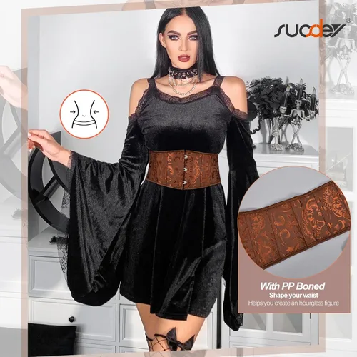 Miniatura 33 de SUOSDEY Cinturón de corsé de jacquard para mujer, corsé pirata steampunk renacentista con cordones y cordones