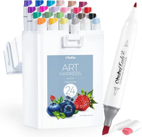 Ohuhu Marcadores de Alcohol - Juego de Marcadores de Arte de Doble Punta para Colorear de Adultos - Tinta Recargable a Base de Alcohol - 24 Colores