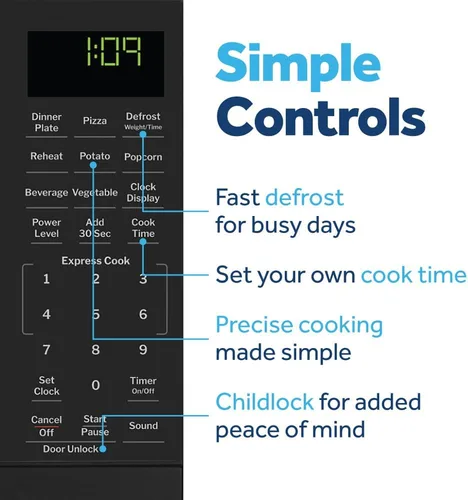Miniatura 5 de Horno de microondas GE para encimera, compacto de 0.9 pies cúbicos, capacidad de 900 vatios, 7 configuraciones de cocción automática, tecnología