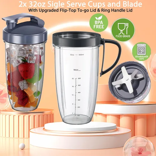 Miniatura 5 de NutriBullet - Juego de 8 tazas y cuchillas de repuesto NutriBullet de 32 onzas con 1 tapa abatible para llevar y 1 mango de anillo para licuadora