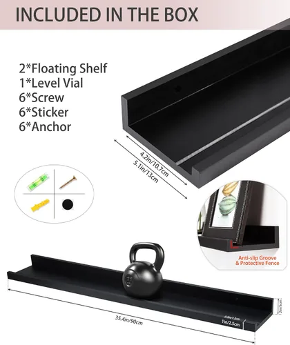 Miniatura 3 de MBYD Estantes flotantes de 36 pulgadas negros, estantes colgantes de madera, estante de repisa para fotos, estantes de repisa para fotos para pared